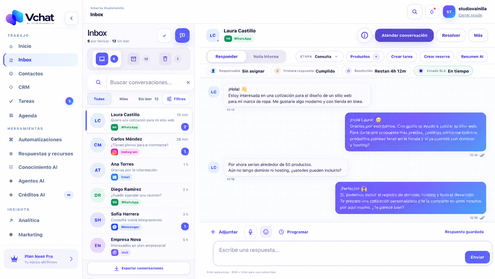 Vista del Inbox de Vchat by StudioVainilla